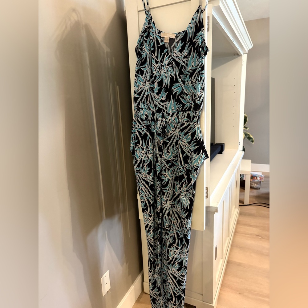 Michael Kors Black and Blue Leaf Print Jumpsuit